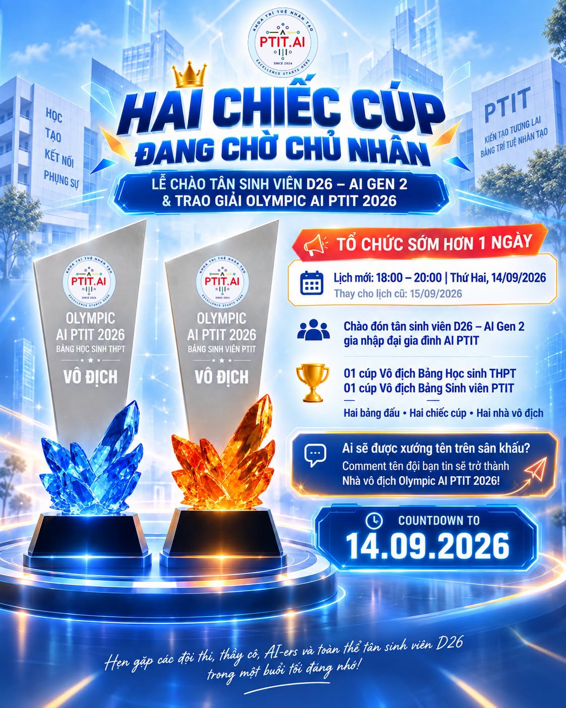 Lễ chào Tân sinh viên D26 ngành Trí tuệ nhân tạo – AI Gen 2 và Trao giải Olympic AI PTIT 2026 diễn ra ngày 14/9